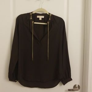 MK brown blouse with gold chain detail